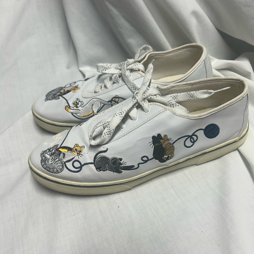 Vtg 90s Embroidered Cat Sneakers 8.5  White Vinyl Sabastino Country Garden Women - Picture 5 of 11
